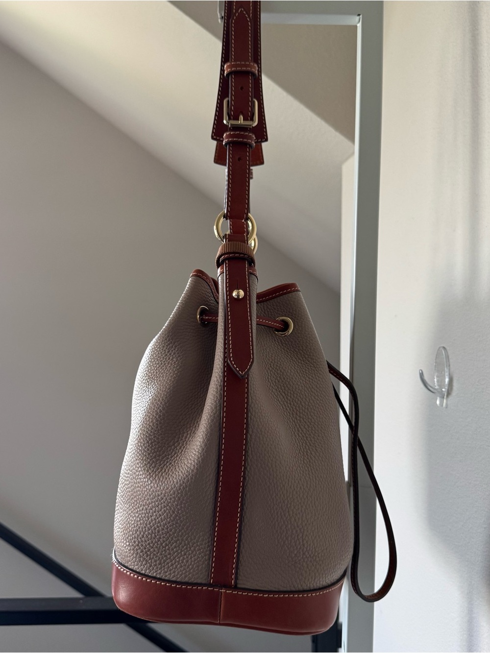 Dooney & Bourke Pebble Leather Drawstring Bucket Bag Taupe Brown - Picture 4 of 17